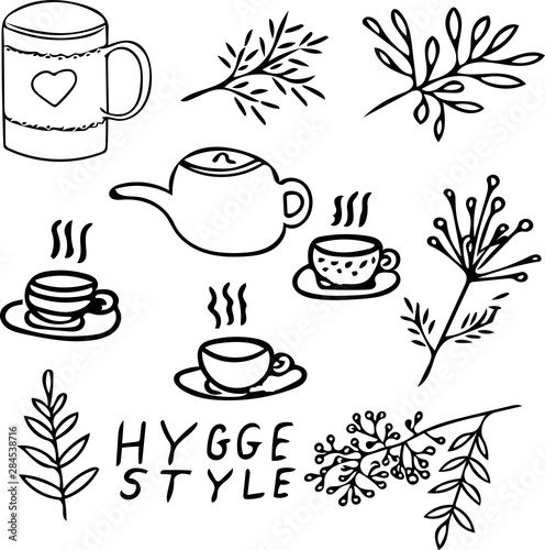 vector graphics autumn set hand drawn in hugge style. Kettle, cups, tea, branches, leaves, coffee, comfort, autumn