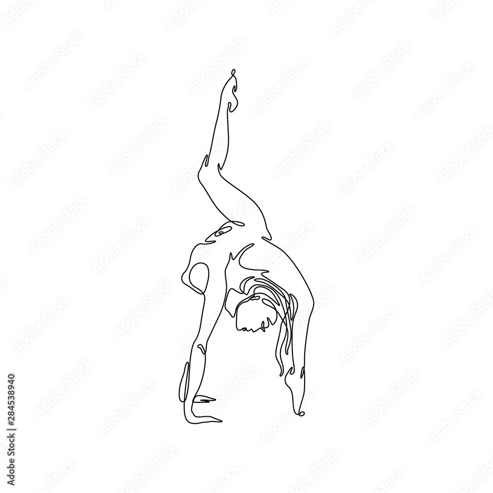 Yoga pose of woman continuous line drawing, girl practicing yoga single line on white background, tattoo, print and logo design, isolated vector black and white illustration. 