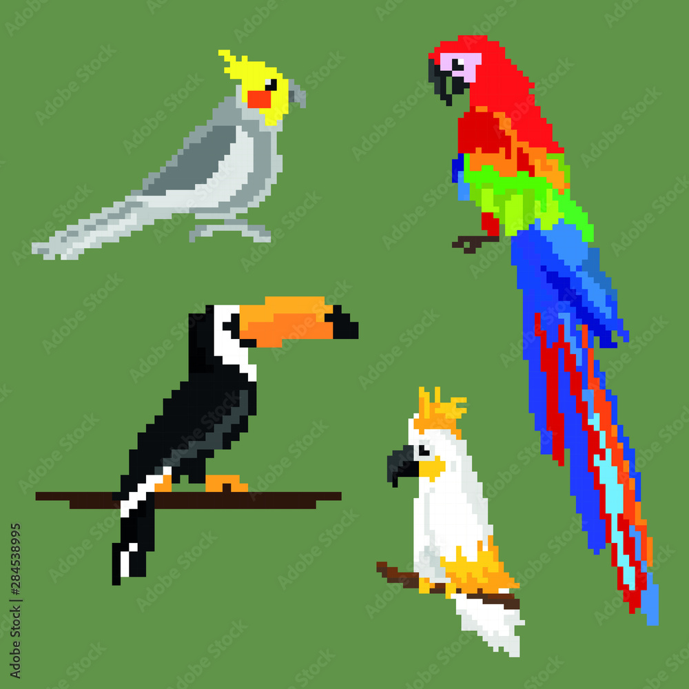Obraz premium a large set of parrots, ara toucan and cockatoo. pixel graphics