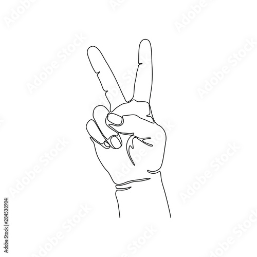 Hand gesture peace silhouette one single line, continuous line drawing, V sign for victory or love, two fingers up isolated on white background vector illustration.  Tattoo, print for clothes and logo