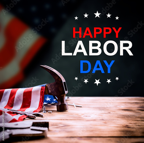 Happy Labor day concept and background. Engineer and worker tools. Public holiday in America and USA.