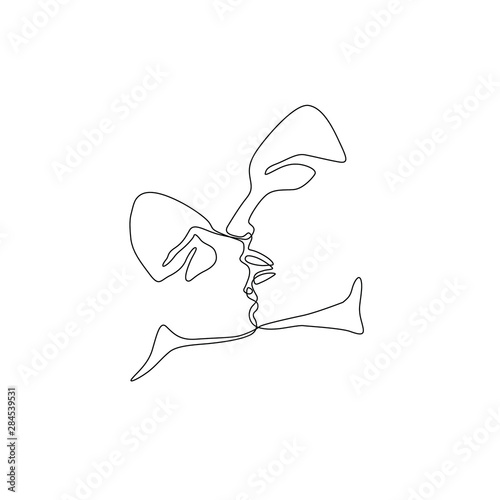 Kissing couple continuous line drawing, tattoo faces abstract silhouette single line on a white background, tattoo and logo design, man and woman isolated vector illustration. Minimalistic style.