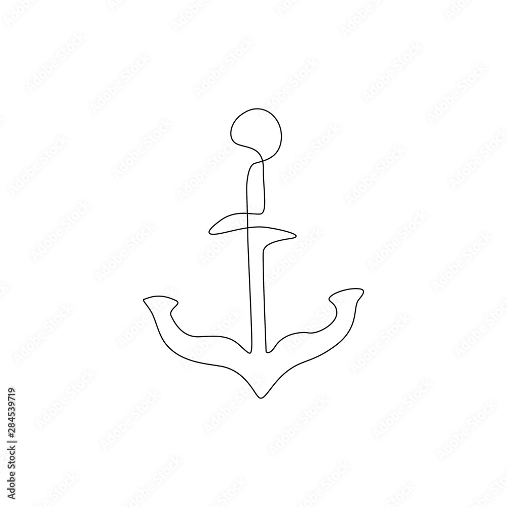 Anchor continuous line drawing, tattoo, sticker, patch, print for clothes logo design, silhouette one line on a white background, isolated vector illustration. Stock Vector Adobe