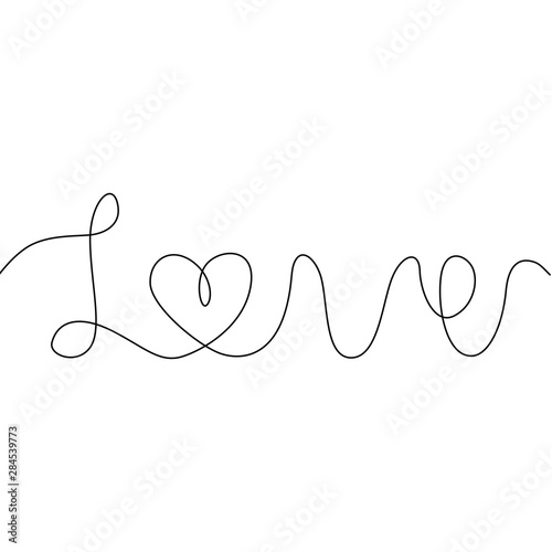 Love lettering calligraphy text, continuous line drawing, handwritten lettering, decorations for greeting card, posters, print, single line on a white background, isolated vector line art.