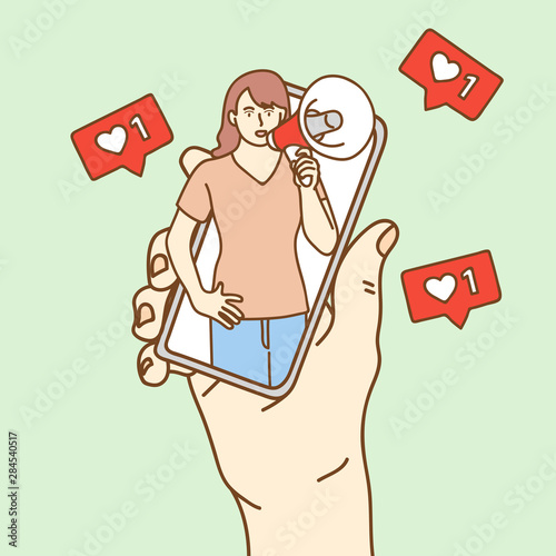 Influencer marketing concept, blogger promotion services and goods for her followers online