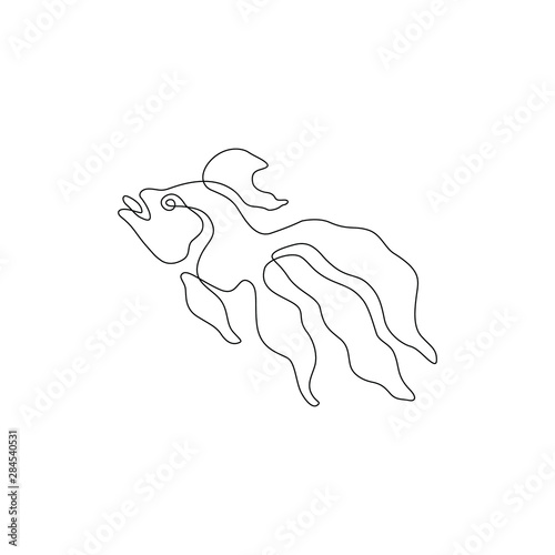 Fish continuous line drawing, tattoo, print and logo design, beautiful aquarium fish silhouette single line on a white background, isolated vector line art illustration.