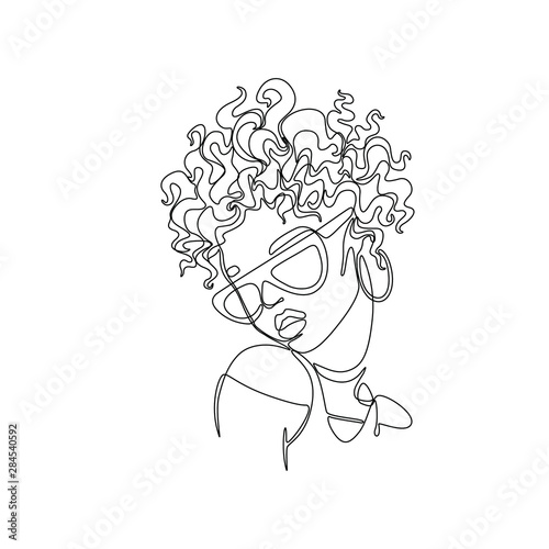 Pretty girl in sunglasses line art. isolated vector illustration, tattoo, print and logo design, continuous line drawing. Fashion woman with curly hair silhouette single line on a white background. 