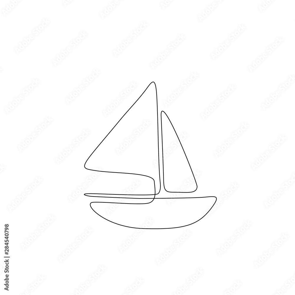 Sailboat continuous line drawing, yacht, sailing boat silhouette single line on a white background, isolated vector illustration, tattoo, print and logo design.