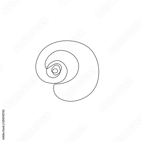Shell spiral shape continuous line drawing, single line on a white background, isolated vector illustration, tattoo, print and logo design.