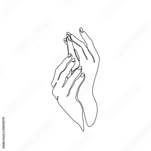 Beautiful hands of young woman, continuous line drawing, body care, manicure. Single line on a white background, isolated vector illustration. Tattoo, print and logo design.