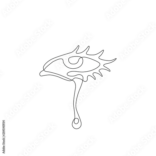 Eye with a tear continuous line drawing, tattoo, print for clothes and logo design, silhouette single line on a white background, isolated vector illustration.
