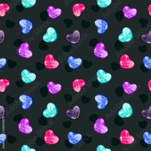 Seamless pattern with colorful glossy diamond hearts on the black background.