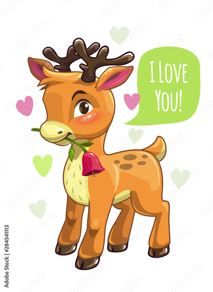 Fototapeta premium Little cute cartoon deer illustration. Valentines Day greeting card.