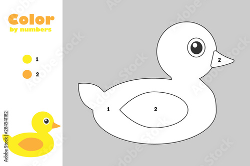 Duck in cartoon style, color by number, education paper game for the development of children, coloring page, kids preschool activity, printable worksheet, vector illustration