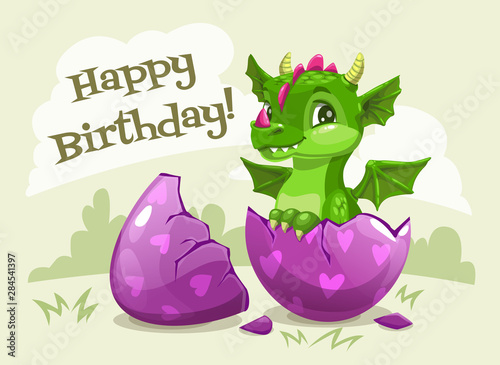 Happy Birthday greeting card template. Little cute cartoon green dragon.