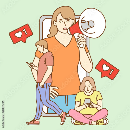 Influencer marketing concept, blogger promotion services and goods for her followers online