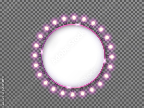 Round banner with luminous pink light bulbs Christmas and New Year design