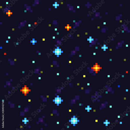 Night starry sky. Space abstract seamless pattern texture pixel art background. Game design. Isolated vector 8-bit illustration.