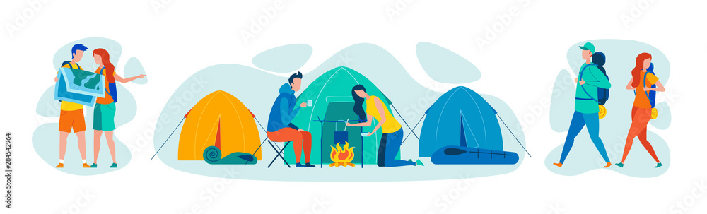 Fototapeta premium Countryside Walk and Hiking Flat Vector Concepts