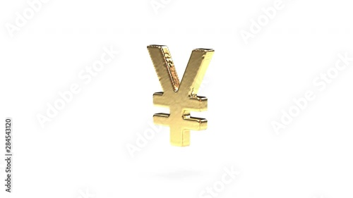 Seamless Animation of Casting a 3D Roboto Liquid Gold Font. Japanese Yen Currency Symbol JPY, ¥ is Poured, Hardens and Rotates like a Bare of Gold Isolated on a White Background. Luma Matte Included. photo