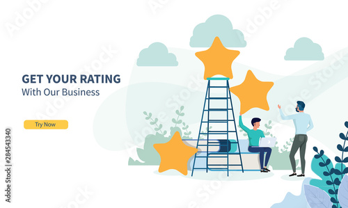 business people looking for rating with flat design and landing page
