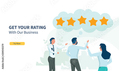 business people looking for rating with flat design and landing page