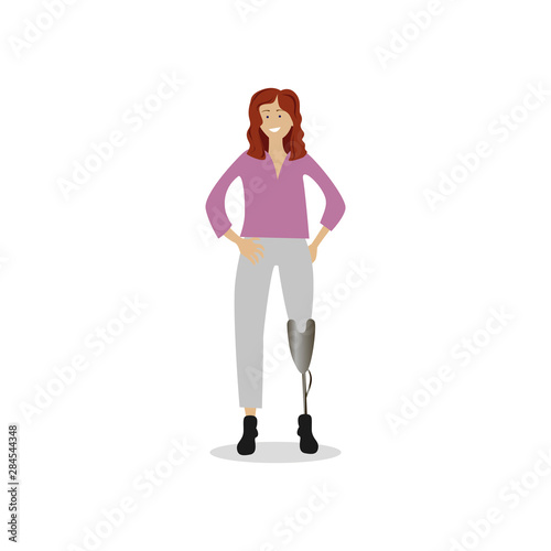 Girl with prosthetic leg isolated on white