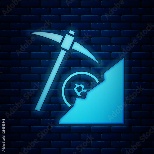 Glowing neon Cryptocurrency cloud mining icon isolated on brick wall background. Cloud with pickaxe, bitcoin, digital money market, cryptocoin wallet. Vector Illustration