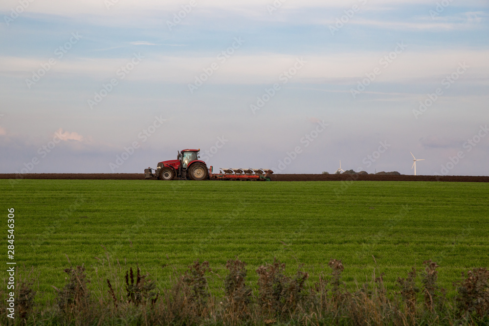 Fototapeta premium Roter Trecker plügt grünes Feld mit blauem Himmel