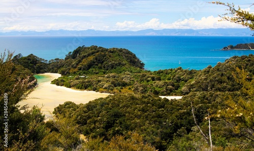View beyond tree branches on bay with white sandbank turquoise water, green hills and blue ocean background - Abel Tasman national park, New Zealand