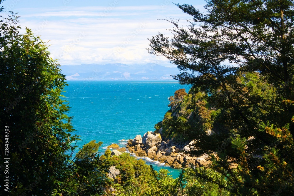 View into isolated bay with blue water beyond trees - Abel Tasman national park, New Zealand
