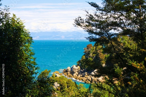 View into isolated bay with blue water beyond trees - Abel Tasman national park, New Zealand