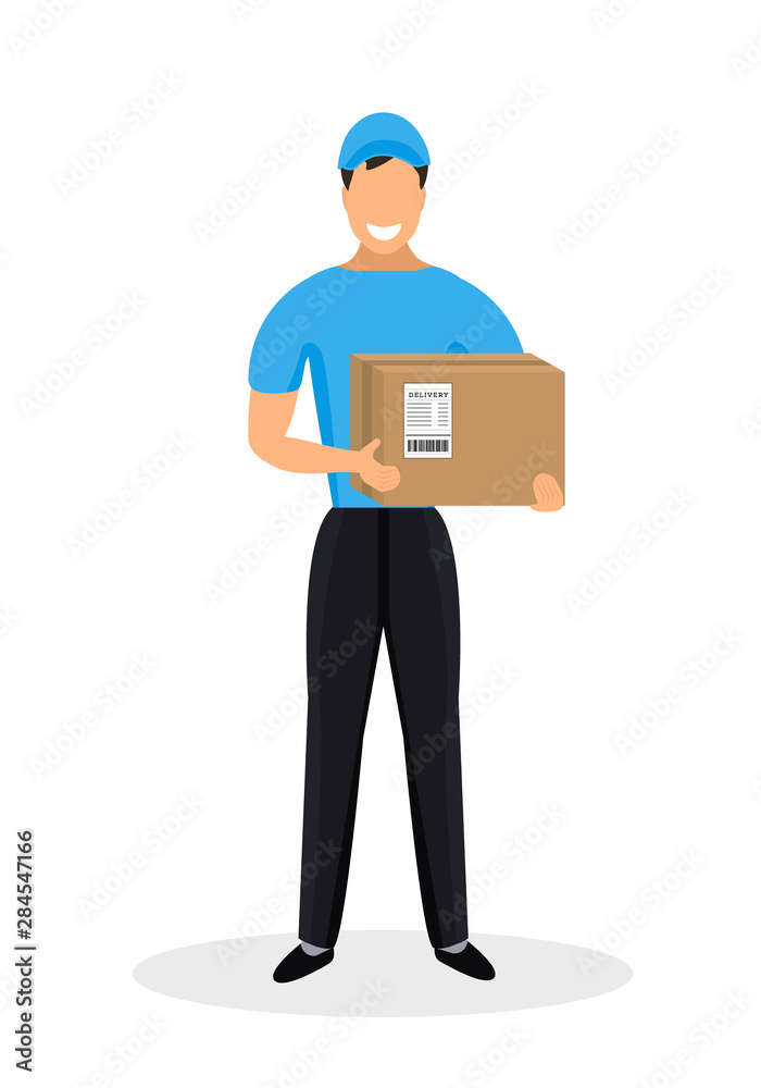 Young delivery man in blue uniform holding a box isolated on a white background. Shipping flat design. Vector illustration Young delivery man in blue uniform holding a box isolated on a white background. Shipping flat design. Vector illustration