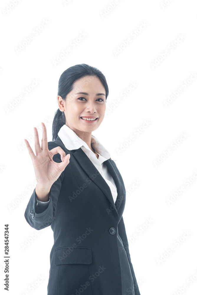 Asian beautiful smart and young businesswoman with black long hair and suit is the executive or manager smiling with confidence in successful on isolated white background Asian beautiful smart and young businesswoman with black long hair and suit is the executive or manager smiling with confidence in successful on isolated white background
