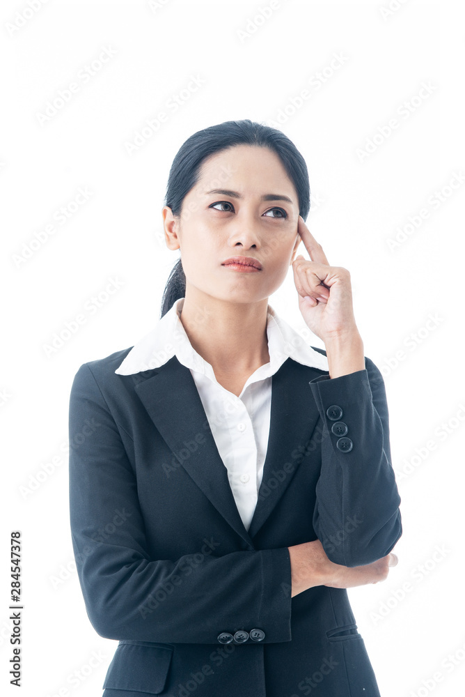 Asian beautiful smart and young businesswoman with black long hair and suit is the executive or manager stand up thinking and smiling with confidence in successful on isolated white background Asian beautiful smart and young businesswoman with black long hair and suit is the executive or manager stand up thinking and smiling with confidence in successful on isolated white background