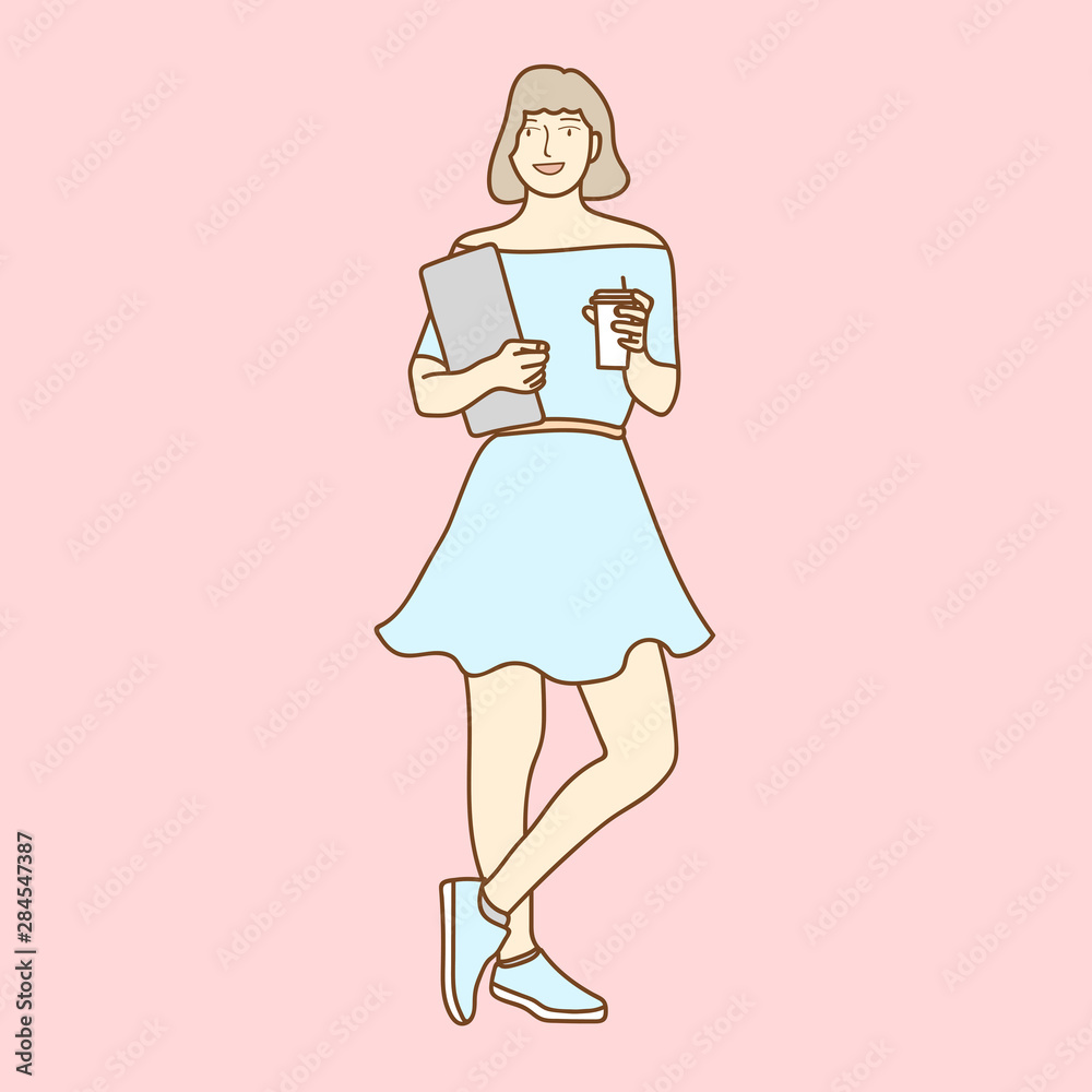 Portrait of a businesswoman carrying laptop computer and cup of coffee, the women standing isolated over pink background Portrait of a businesswoman carrying laptop computer and cup of coffee, the women standing isolated over pink background