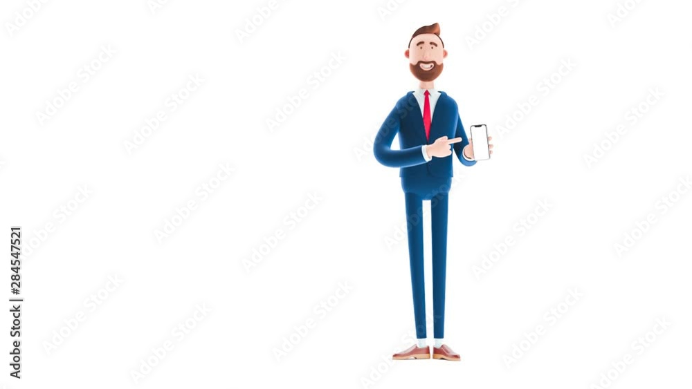 Billy cartoon businessman character  with mobile phone on white background. 3d render illustration. Looped video. Conversation concept.