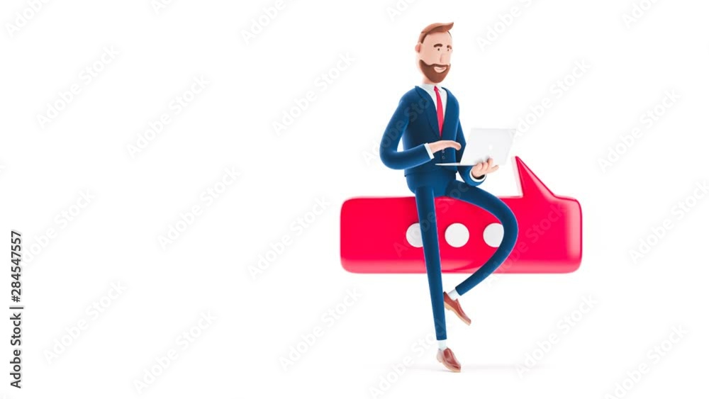 Billy cartoon businessman character  with laptop and bubble talk on white background. 3d render illustration. Looped video. Conversation concept.