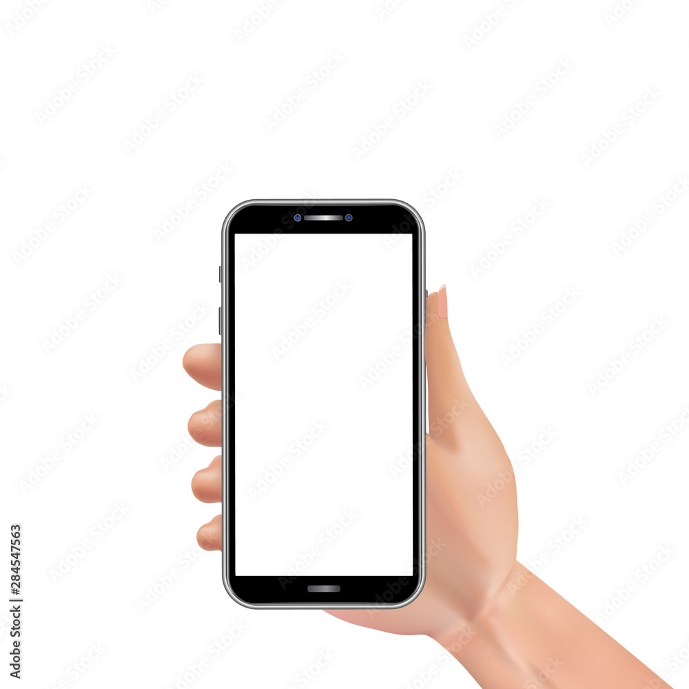 Realistic man hand holding smartphone with blank touch screen isolated on white background. Template design for web banner, poster, flyer, promotion or presentation Realistic man hand holding smartphone with blank touch screen isolated on white background. Template design for web banner, poster, flyer, promotion or presentation
