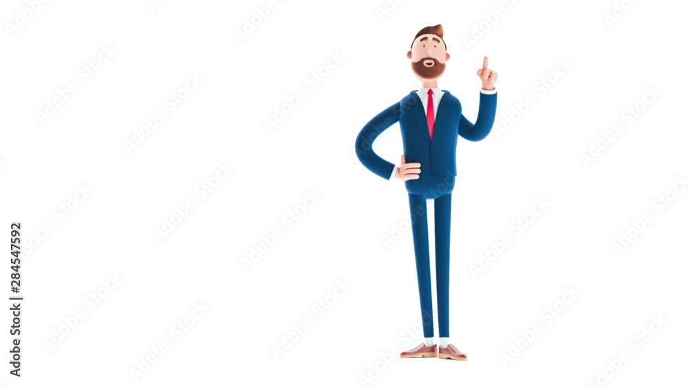 Billy cartoon businessman character  with yellow bulb on white background. 3d render illustration. Looped video. Innovation and inspiration concept. 