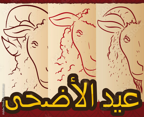 Scrolls with Animals for Sacrifice in the Eid al-Adha, Vector Illustration