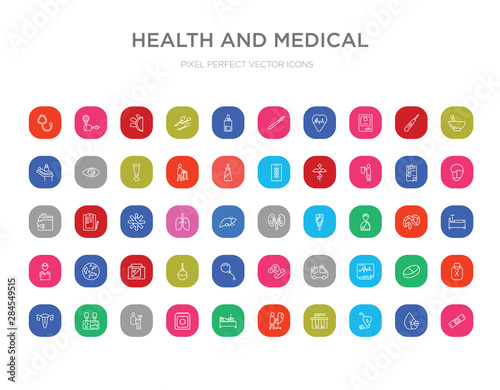 50 health and medical colorful outline icons set. can be use for web mobile