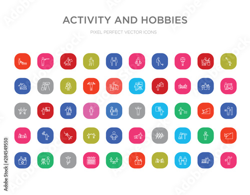 50 activity and hobbies colorful outline icons set. can be use for web mobile