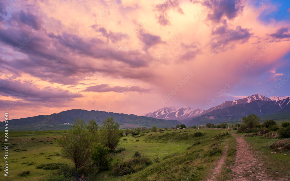 Sunset in pastel colors in the foothills of the Tien Shan, Kazakhstan