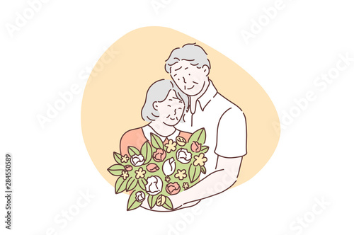 Love, friendship, together, Valentines day concept. Couple adorable aged man and woman meet. Elderly people, pensioners celebrate anniversary holiday. Vector flat design.
