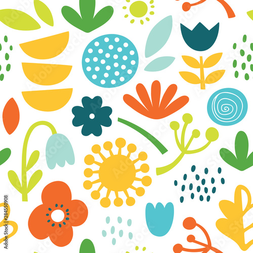 Lovely minimal scandinavian cute colorful vector seamless pattern with flowers, plants and leafs in bright colors.