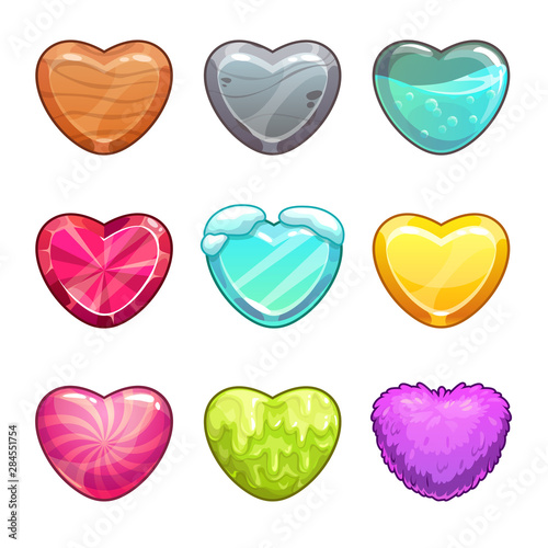 Game assets set. Cartoon heart made from different materials.