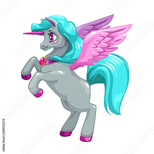 Adorable fantasy unicorn with long blu hair and pink wings.