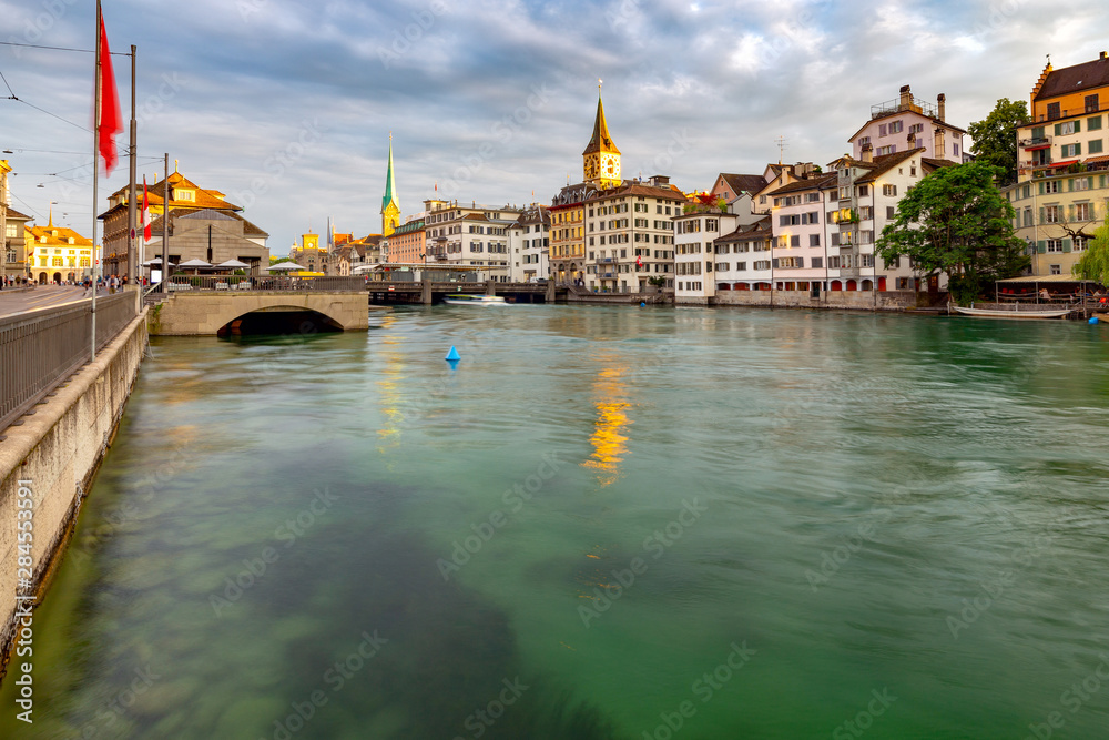 Zurich. Scenic view of the city and the embankment at dawn.