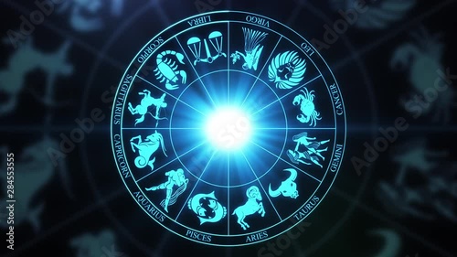 Zodiac Horoscope Signs on a spinning wheel Seamless Looping Motion Background Version 02 Blue Cyan